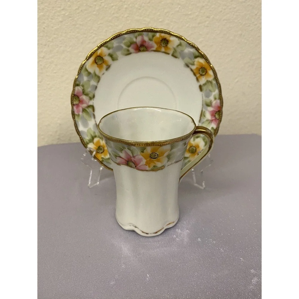 Nippon Vintage Hand painted TEA CUP & SAUCER Set Colors/ Gold Tall Cup 4 Oz